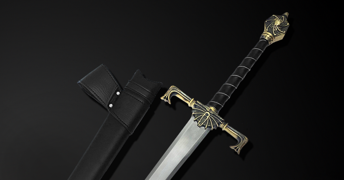Close-up of a detailed sword with a decorative hilt and black sheath showing difference between display swords and real swords