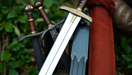 A hand-forged medieval battle-ready sword resting beside decorative swords
