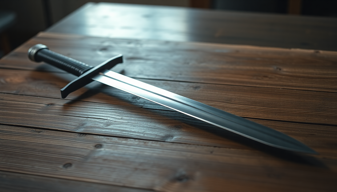 A hand-forged medieval sword displayed on a wooden table