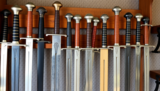 A collection of various medieval swords displayed on a wooden rack