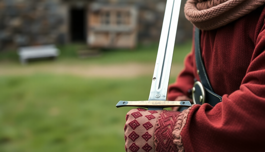 A medieval reenactor holding a historically accurate medieval sword