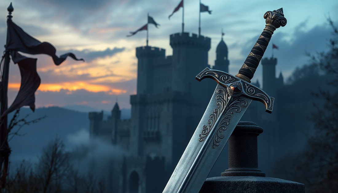 A majestic medieval sword with ornate engravings and a jeweled hilt, resting on a stone pedestal. In the background, a misty castle looms under a twilight sky, with banners fluttering in the wind. The scene evokes mystery, power, and historical grandeur