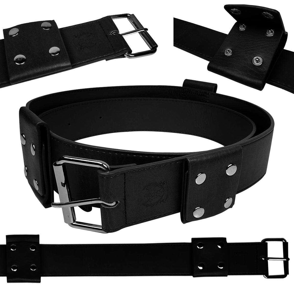 black medieval sword belt with metal rivets and buckle in durable leather