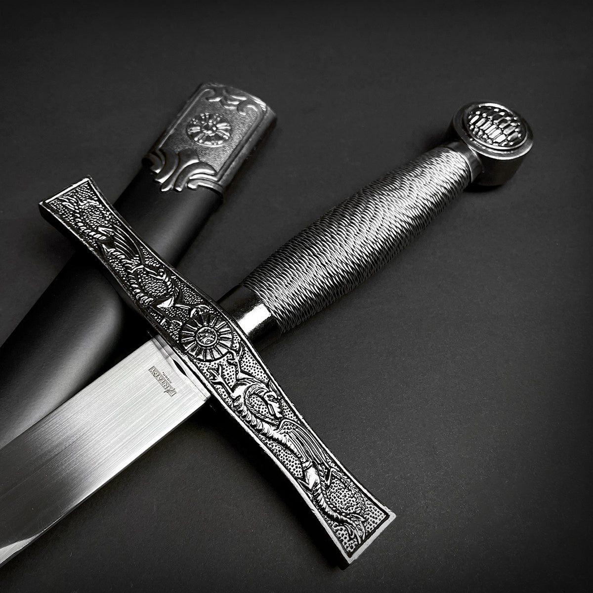 Chivalry one-hand medieval sword by Knight's Collection with ornate hilt and scabbard