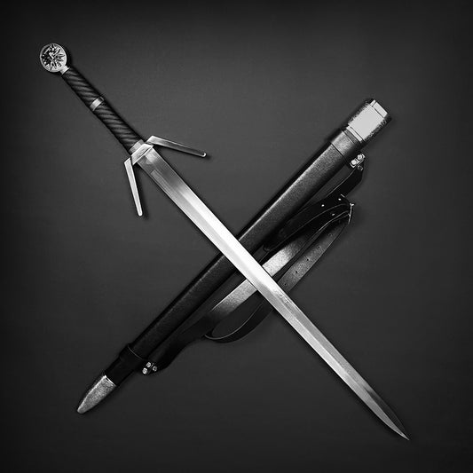 Knight's Collection collector medieval sword replica with black handle and metal scabbard on black background