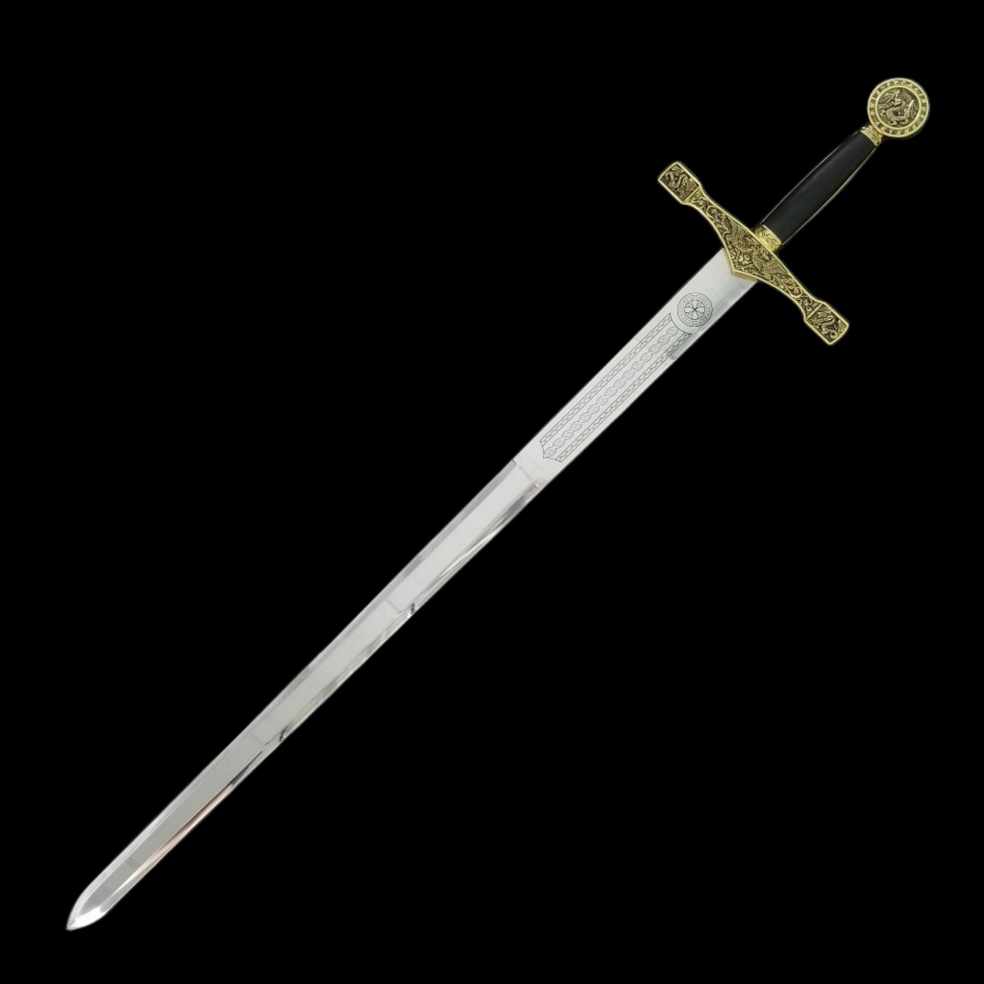 Decorative Excalibur Medieval sword with detailed gold crossguard and black handle by Knight Collections