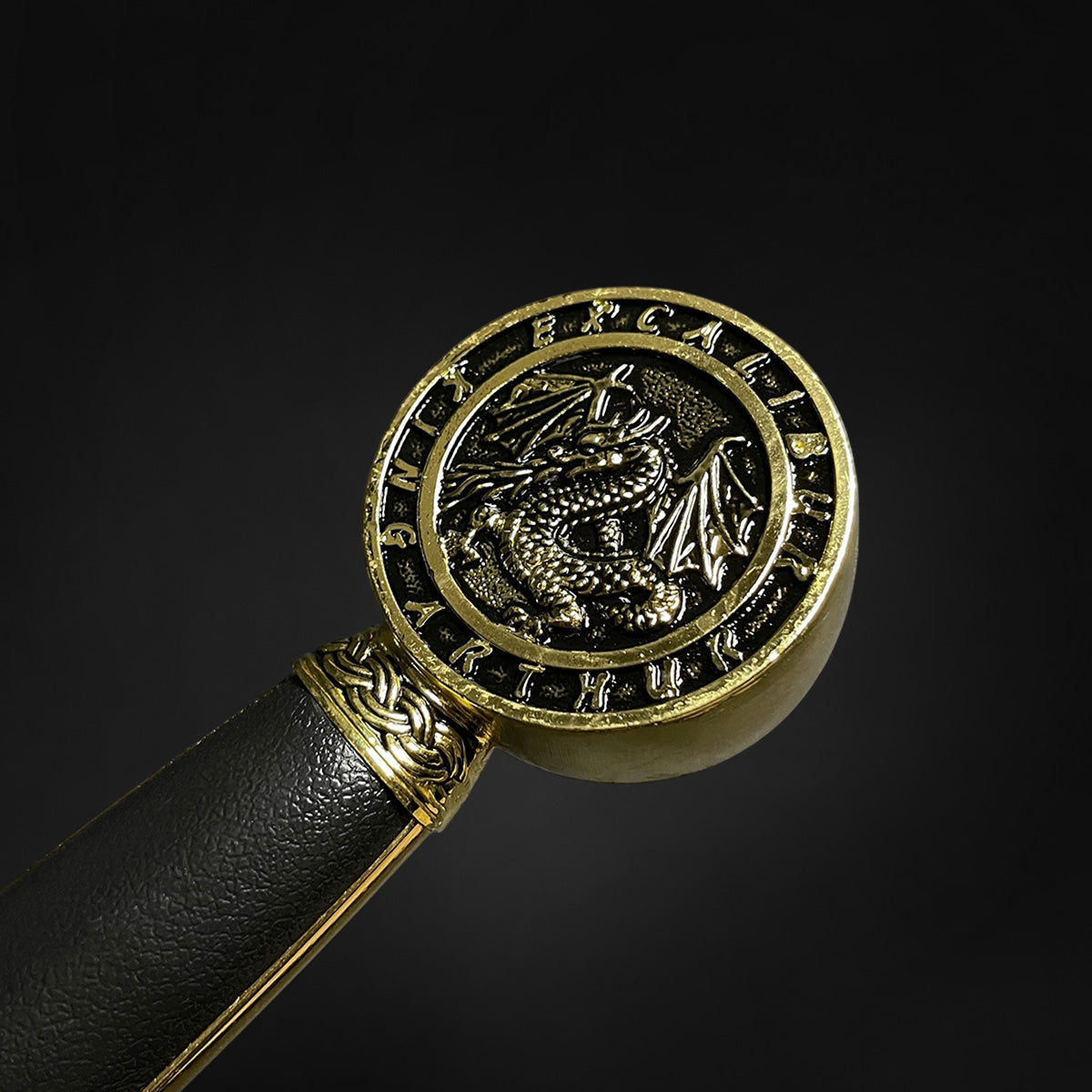 Decorative Excalibur Medieval sword black leather handle with gold dragon emblem pommel