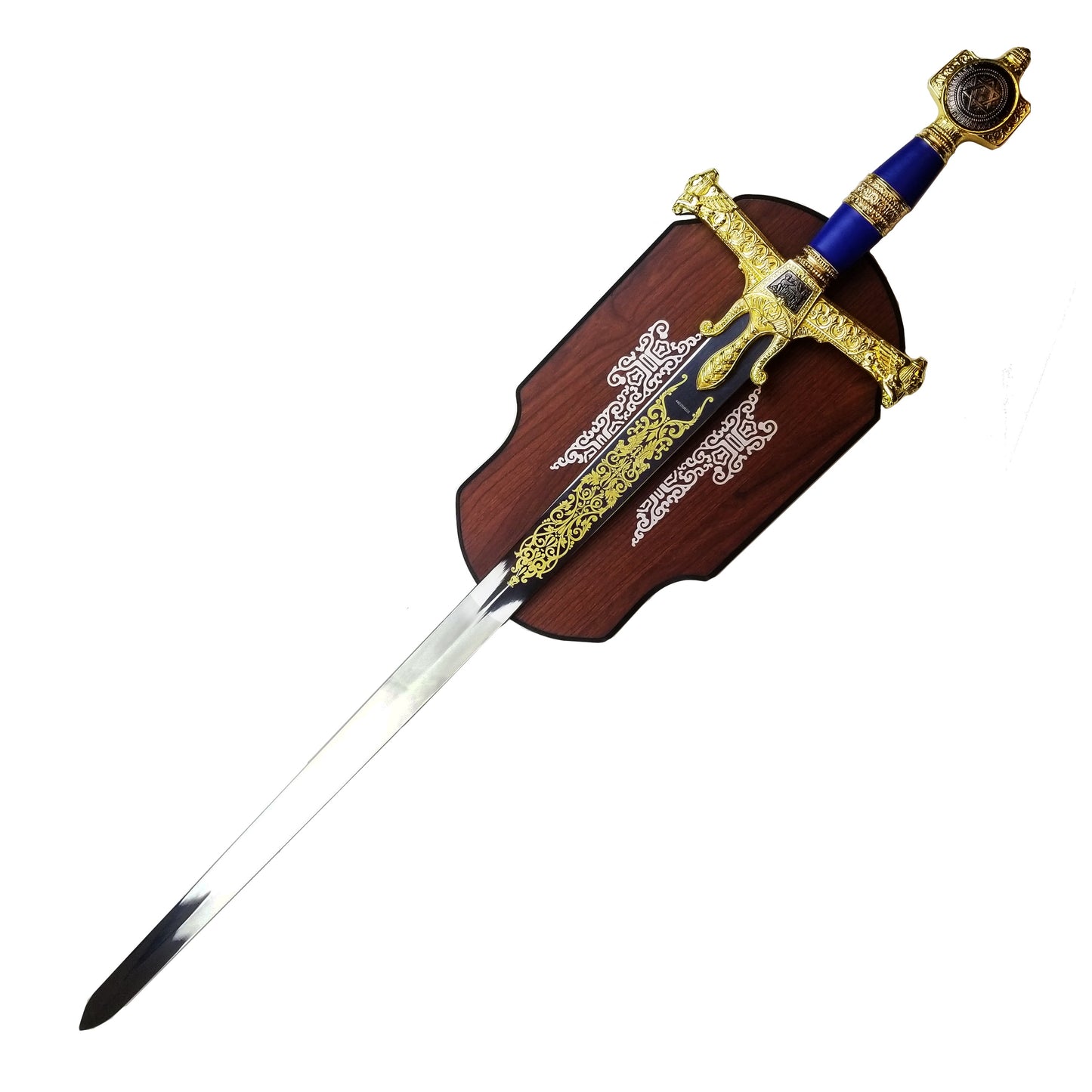 Decorative King Solomon medieval sword with gold and blue hilt on wooden wall mount by Knight Collections