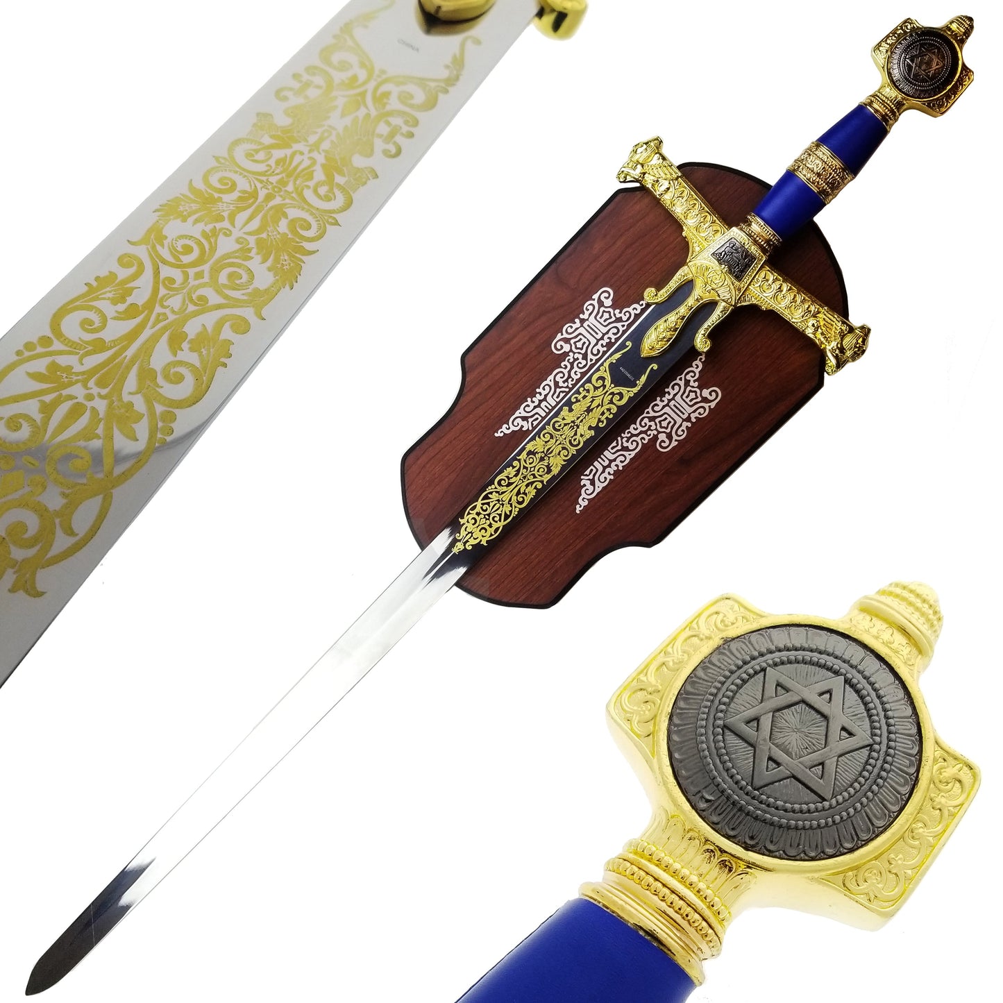 Decorative King Solomon medieval sword with gold detailing and wooden plaque from Knight Collections