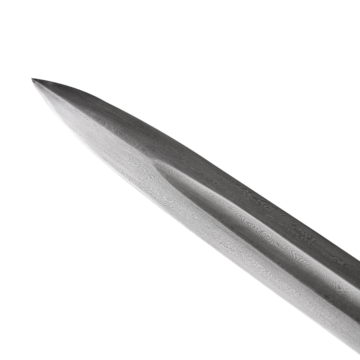 Knights Collection hand-forged damascus viking sword closeup blade showing pattern and central fuller for historical reenactment