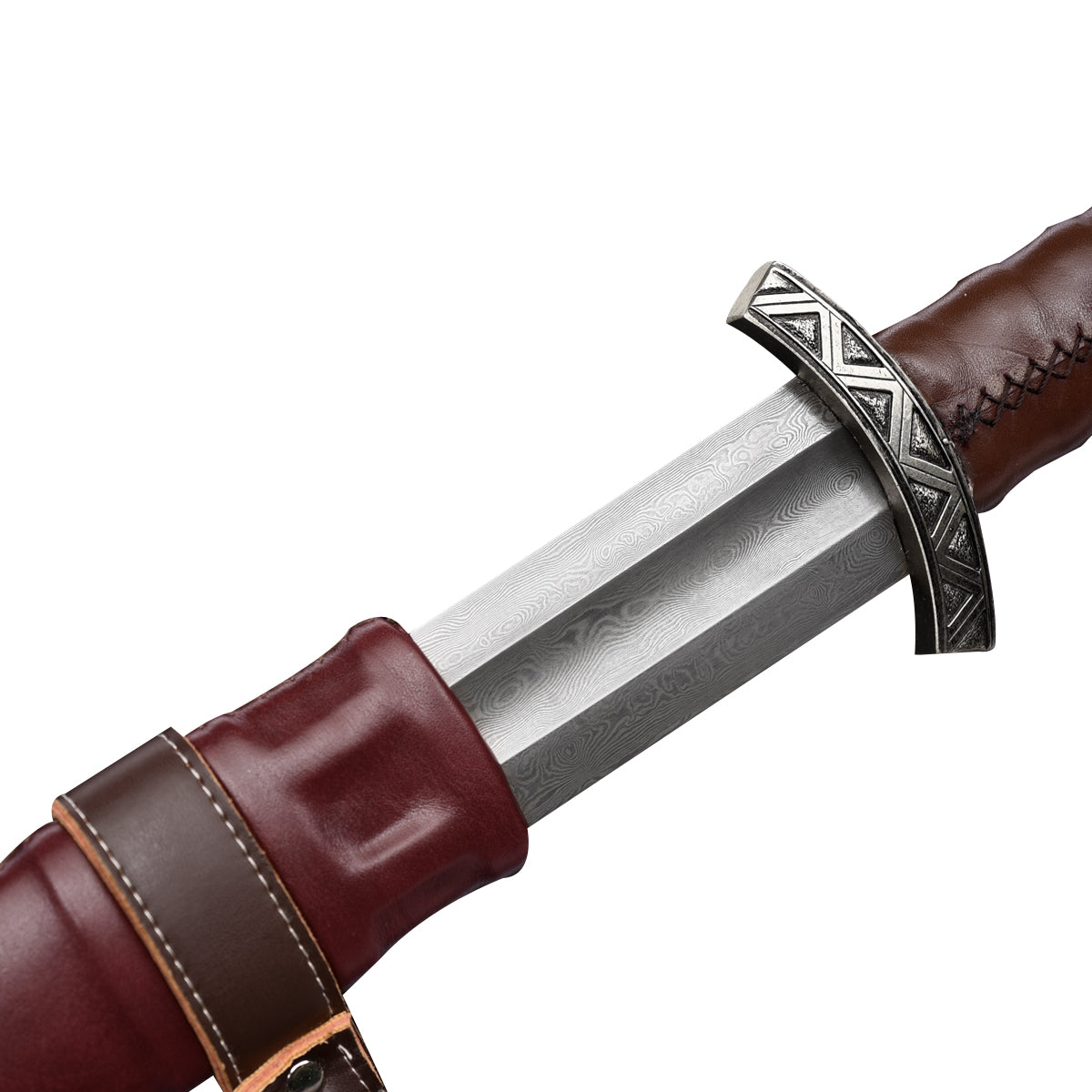 Knights Collection hand-forged damascus viking sword close up showing patterned blade crossguard and leather scabbard