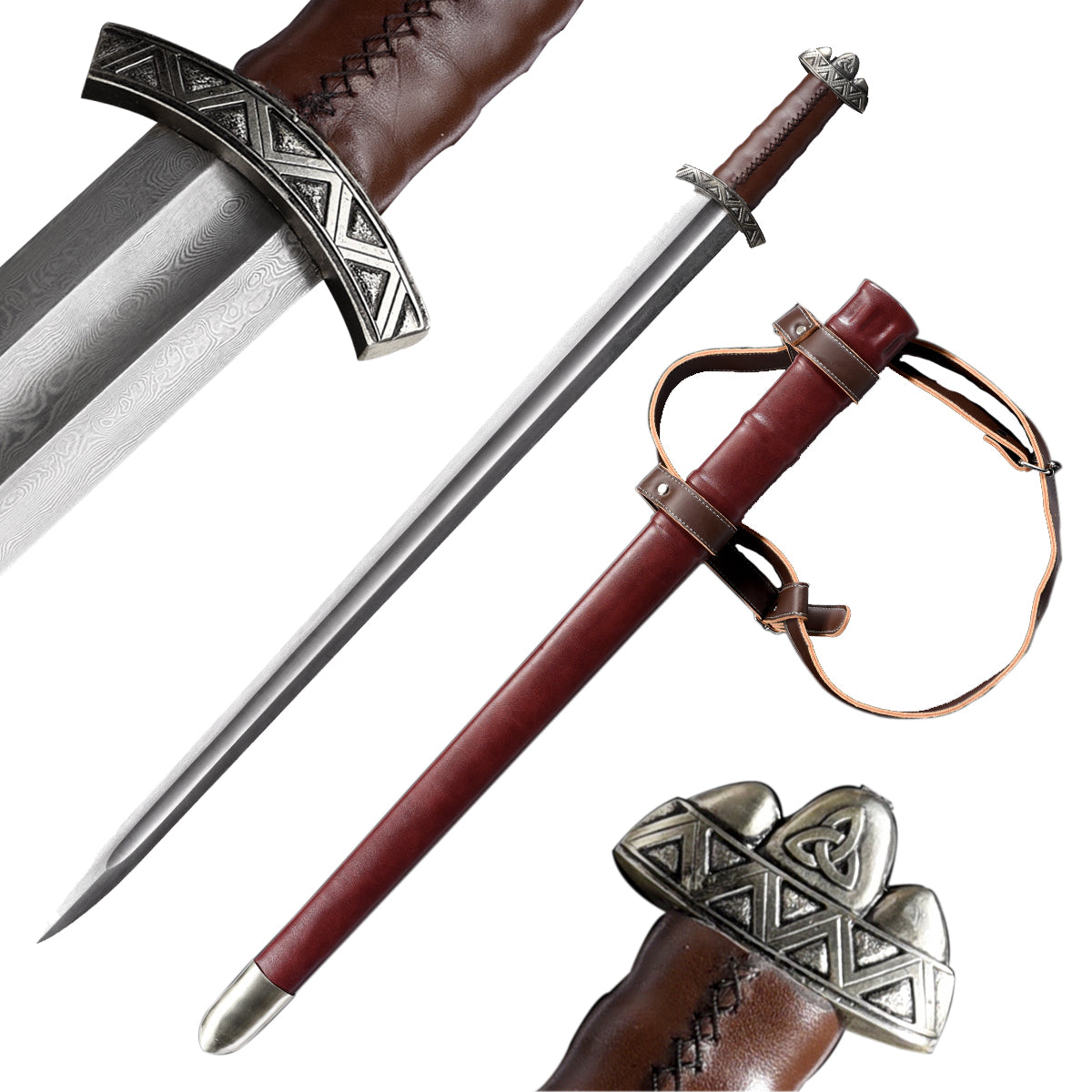 Knight's Collection hand-forged damascus viking sword with leather wrapped hilt engraved guard and brown scabbard