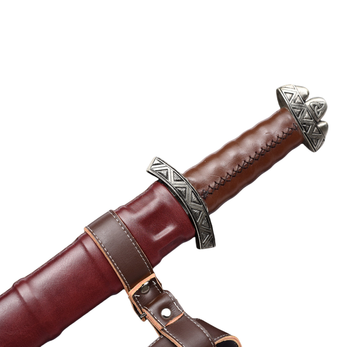 Knights Collection hand-forged damascus viking sword leather wrapped hilt with ornate metal guard and red scabbard