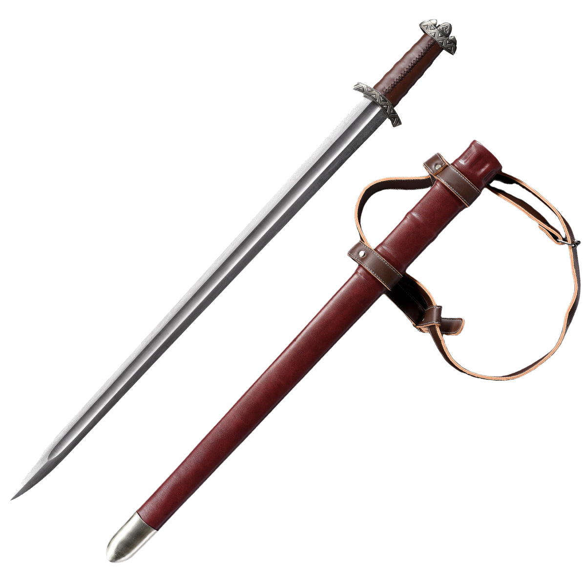 Knights Collection hand-forged damascus viking sword with leather wrapped hilt and brown leather scabbard