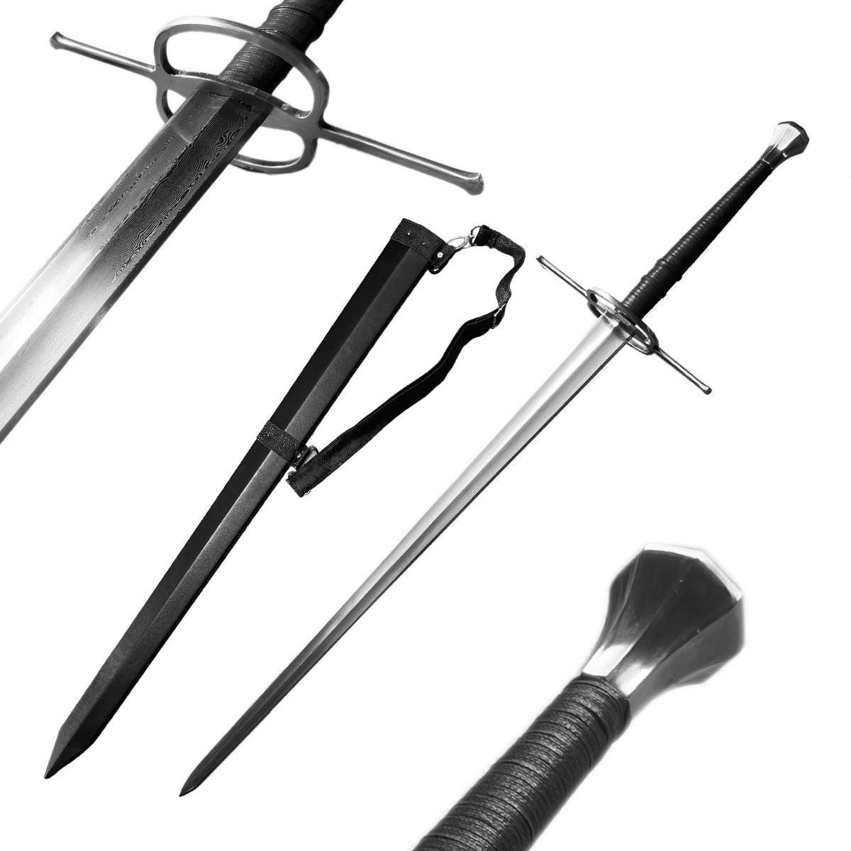 Hand-forged medieval longsword for sale with leather-wrapped handle and black scabbard from Knights Collection