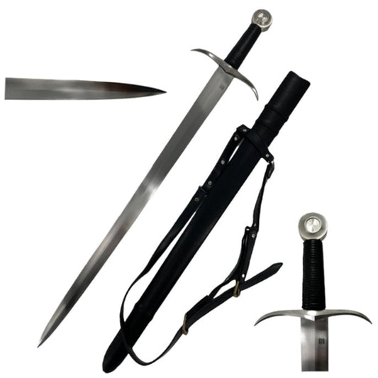 Knights Collection hand-forged medieval sword with steel blade and black leather sheath
