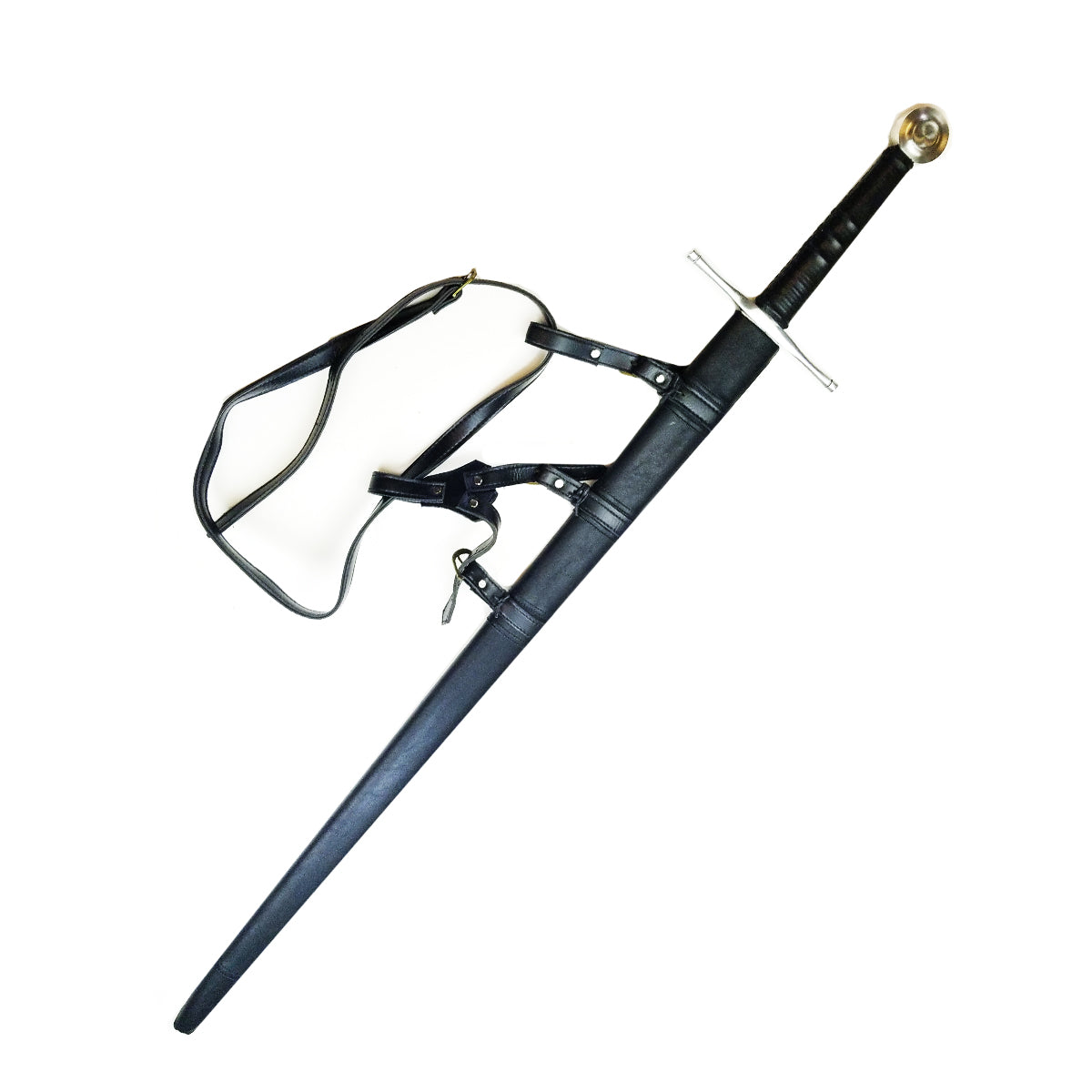 Knights Collection hand-forged medieval sword with black leather scabbard and shoulder strap