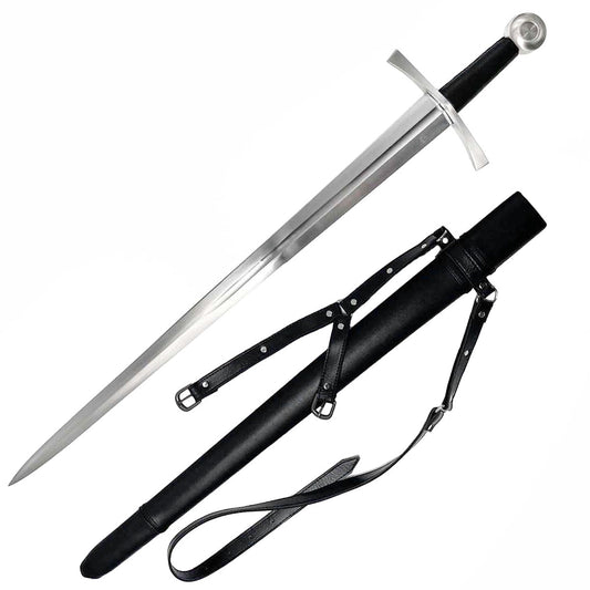 Knights Collection hand forged medieval sword with polished blade and black leather scabbard with straps