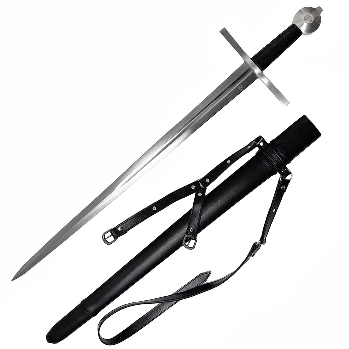 Hand forged medieval sword with long steel blade and black leather scabbard with straps