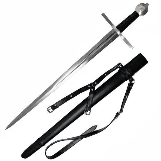 Hand forged medieval sword with long steel blade and black leather scabbard with straps