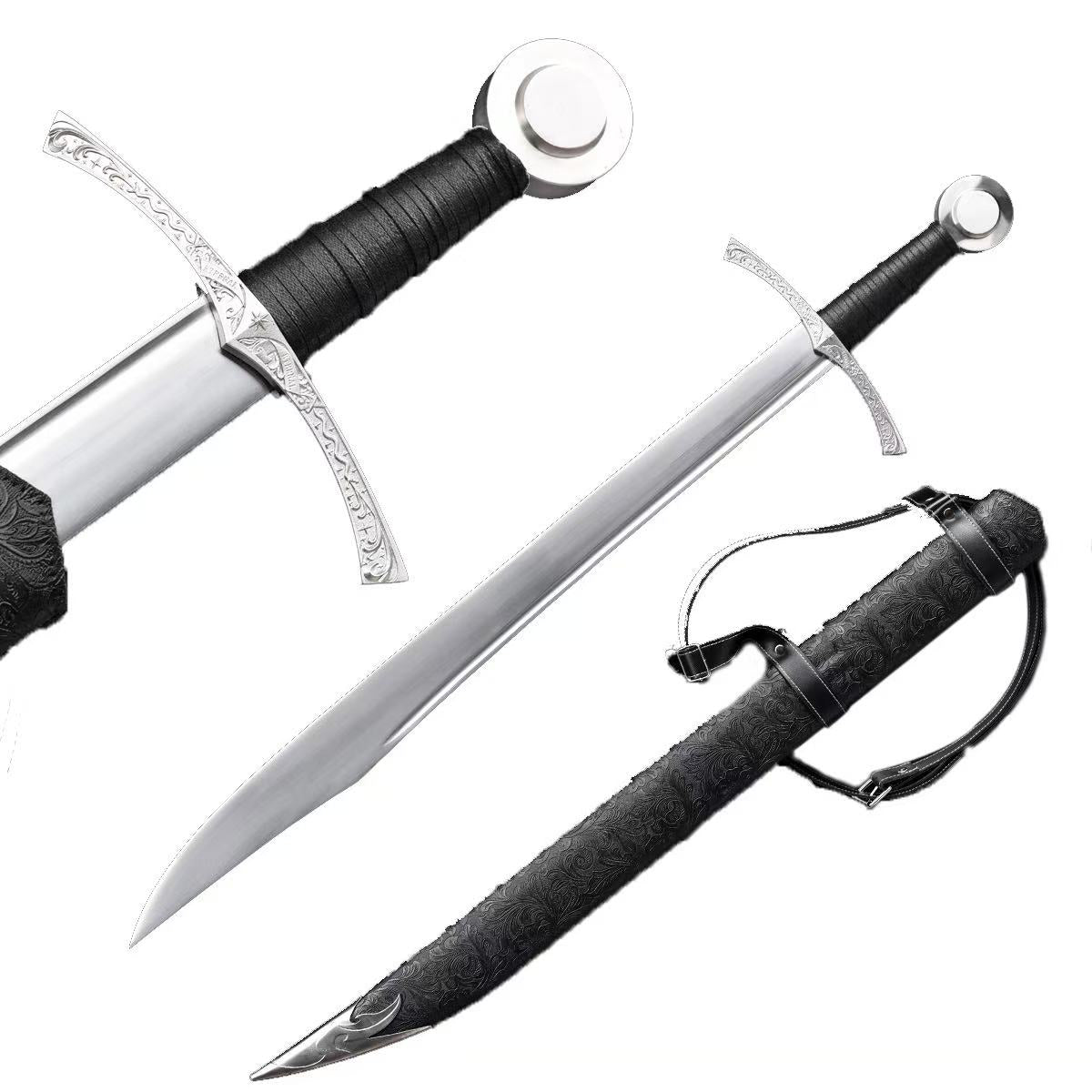 Hand-Forged Sharp 1060 Steel Medieval Sword with Intricate Design and Leather Handle
