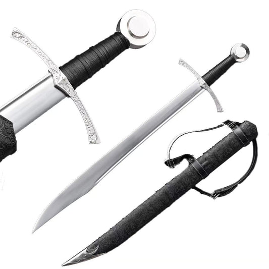 Hand-Forged Sharp 1060 Steel Medieval Sword with Intricate Design and Leather Handle