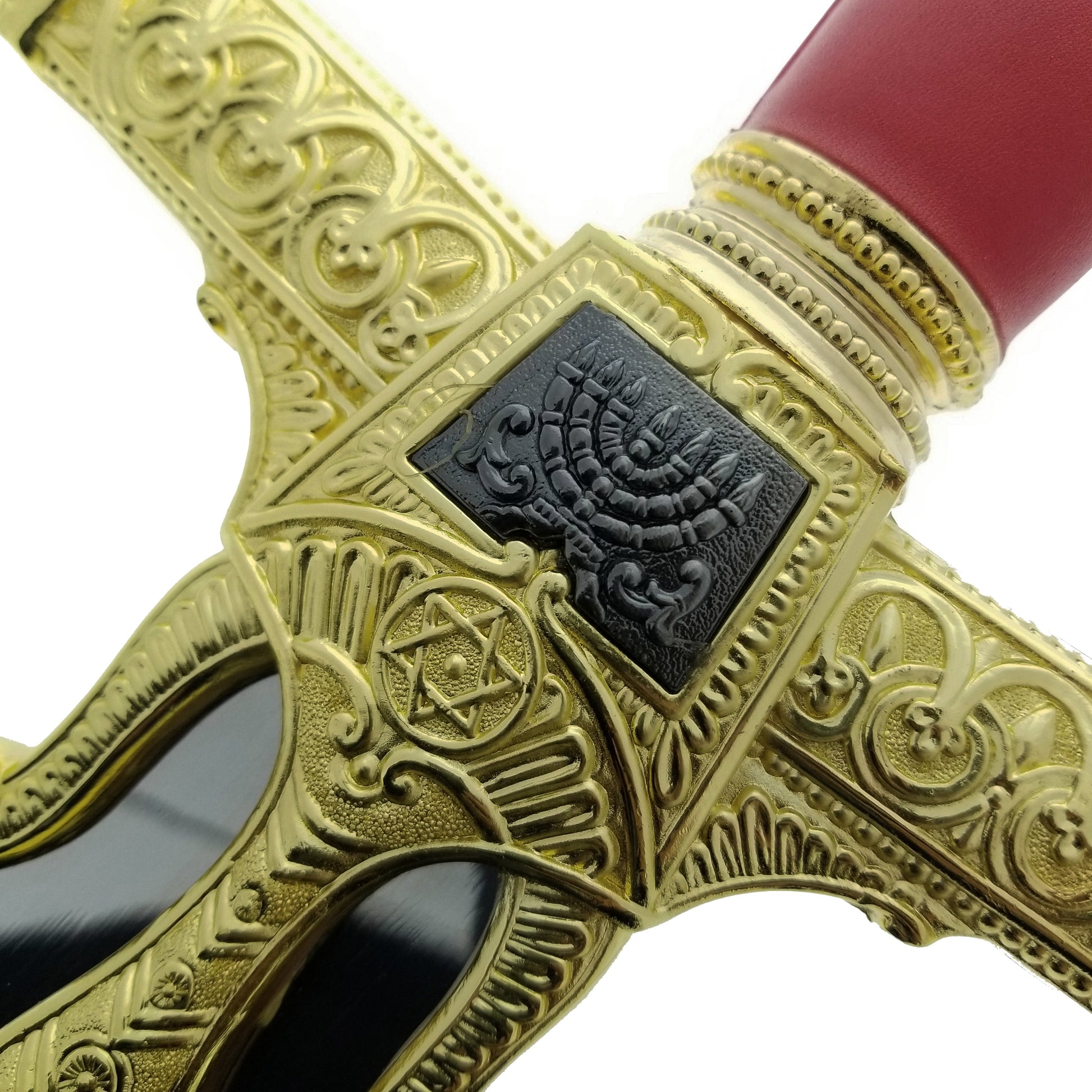 Close-up of ornate gold crossguard and red handle of 49" Red King Solomon Sword from Knight Collections