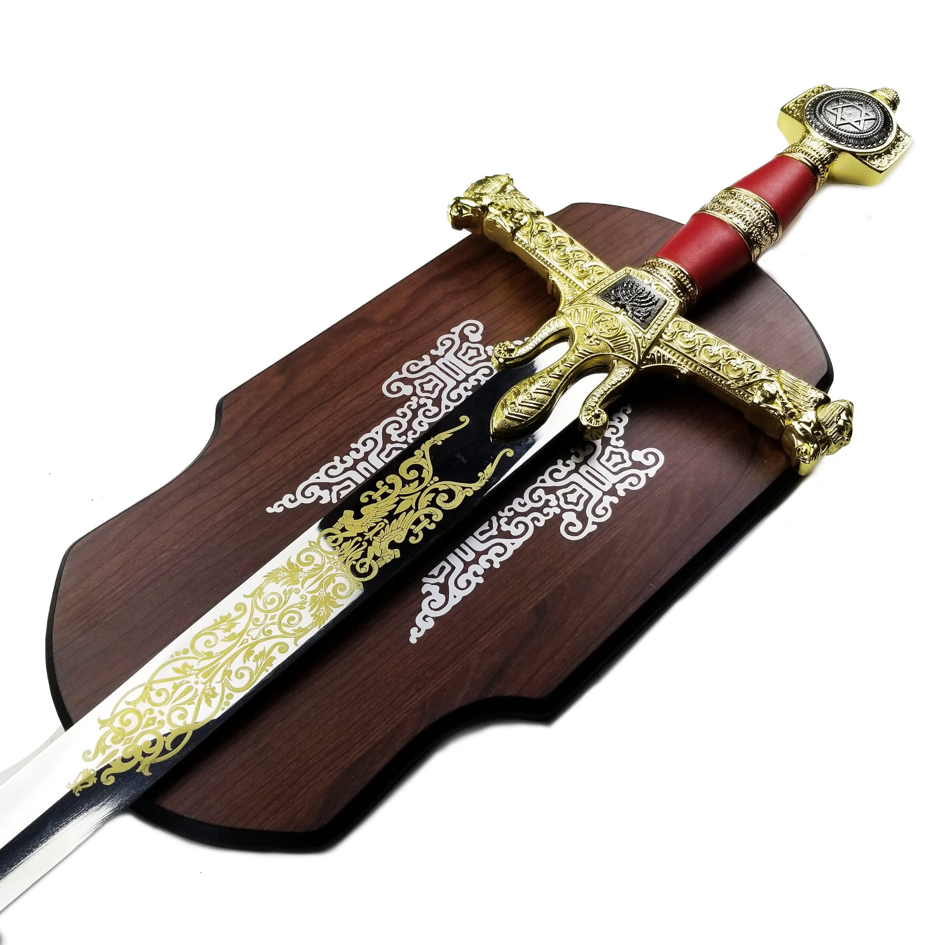 49 Red King Solomon Sword with ornate gold detailing and red handle mounted on wooden plaque