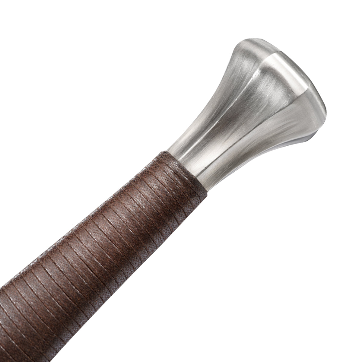 Close-up of Knight's Collection Hand-Crafted Medieval Sword hilt with detailed leather wrap and polished metal pommel