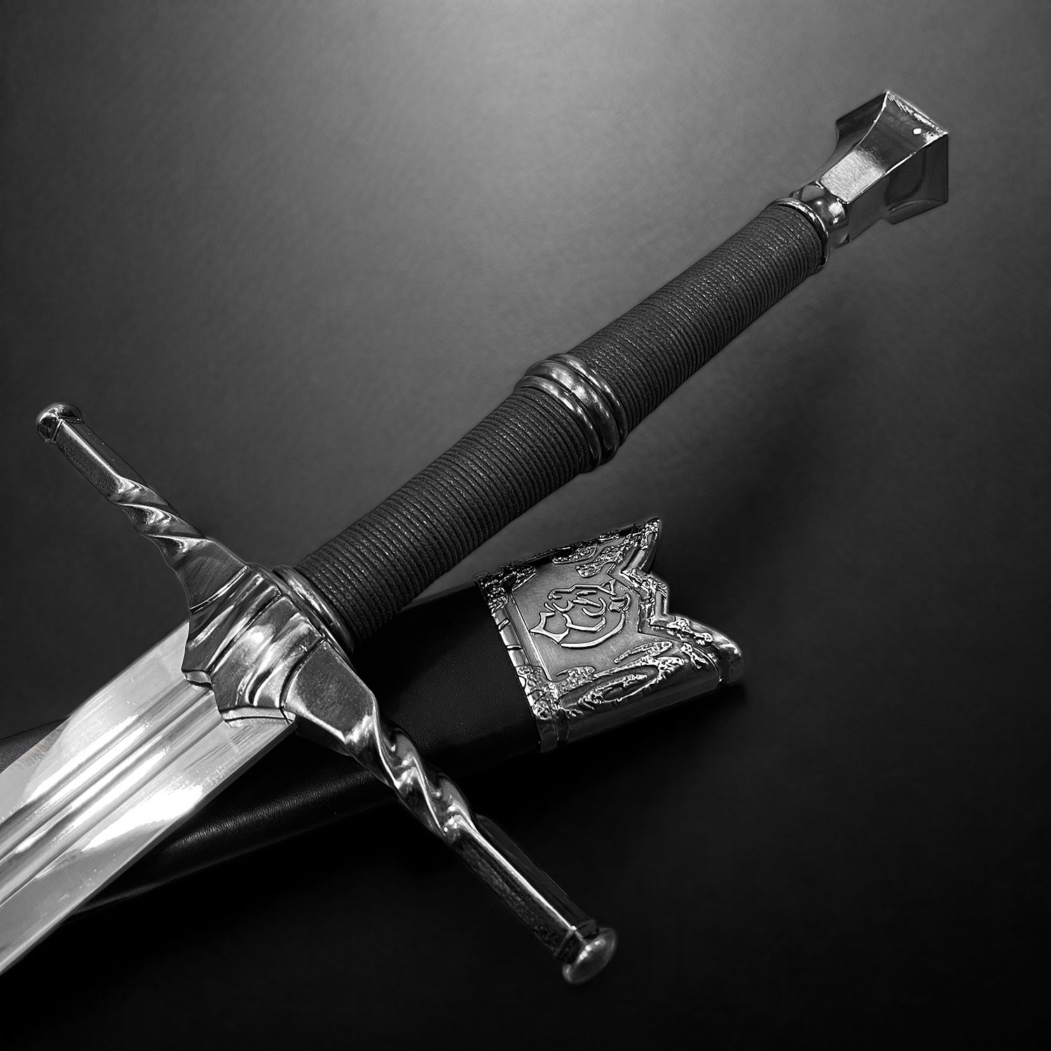 Knights Collection Nightwolf Medieval Sword with ornate hilt and sleek blade on black background
