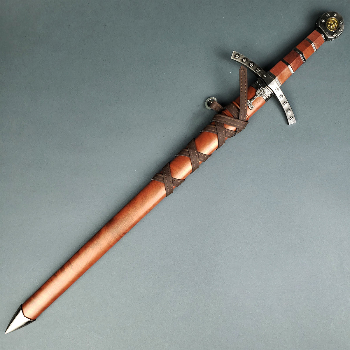 Knights Templar short sword with brown leather sheath and detailed metal hilt from Knight's Collection
