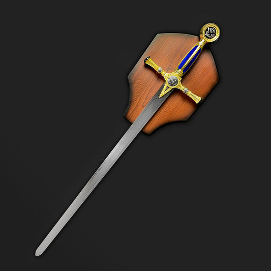 Knights Collection freemason decorative sword with blue and gold hilt mounted on wooden plaque