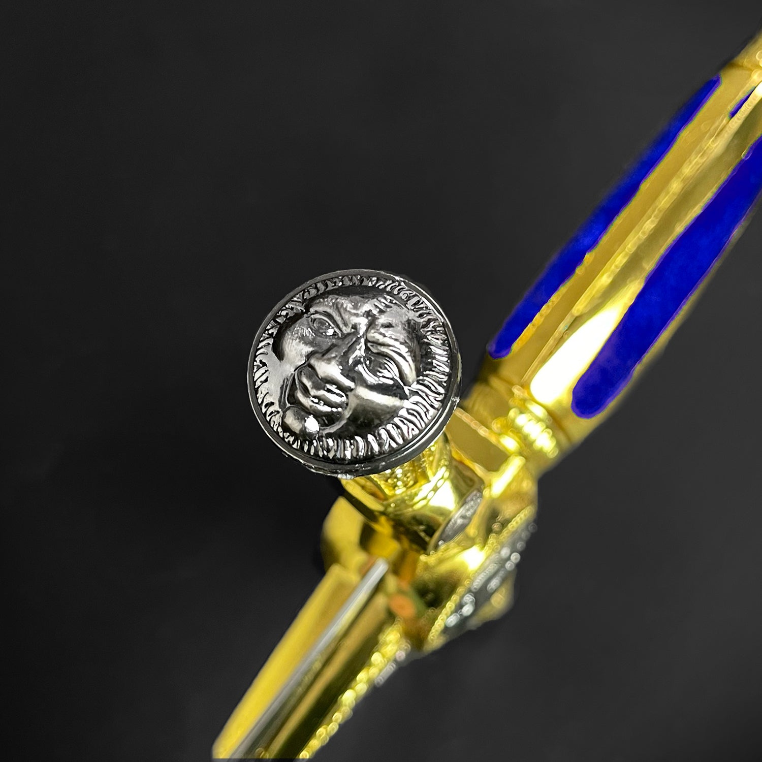 Knights Collection freemason decorative sword close up of gold and blue hilt with engraved lion pommel for ceremonial display