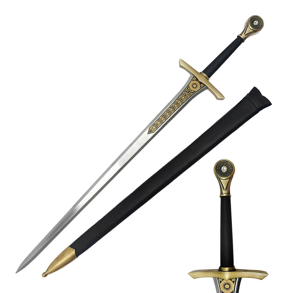 Medieval fantasy sword for sale with detailed gold hilt and black scabbard from Knight's Collection