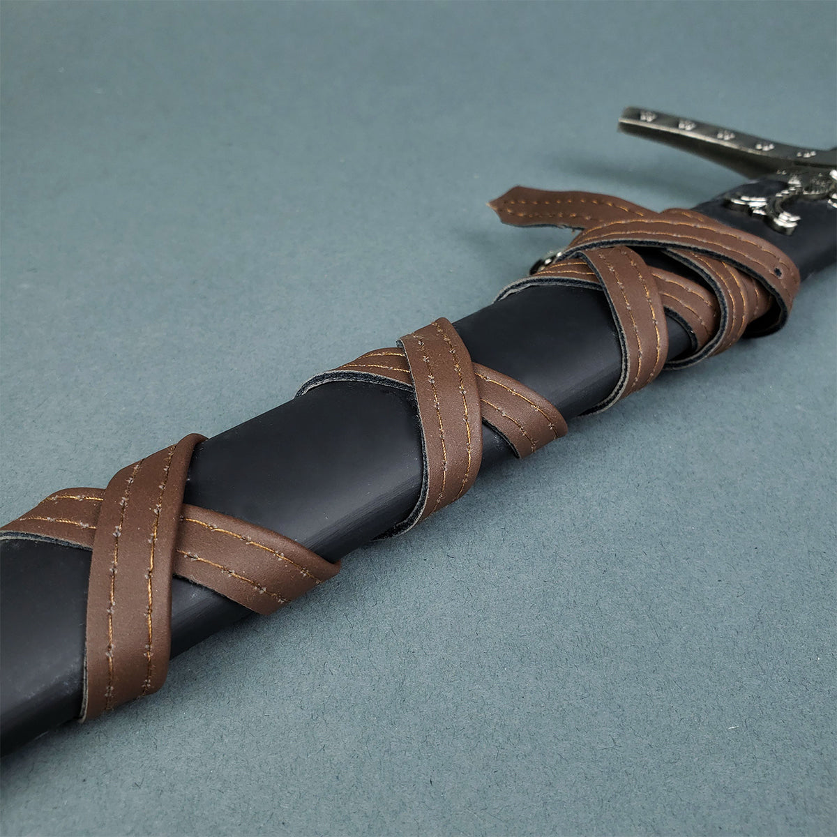 Knights Templar sword for sale Knights Collection black scabbard wrapped in brown stitched leather straps
