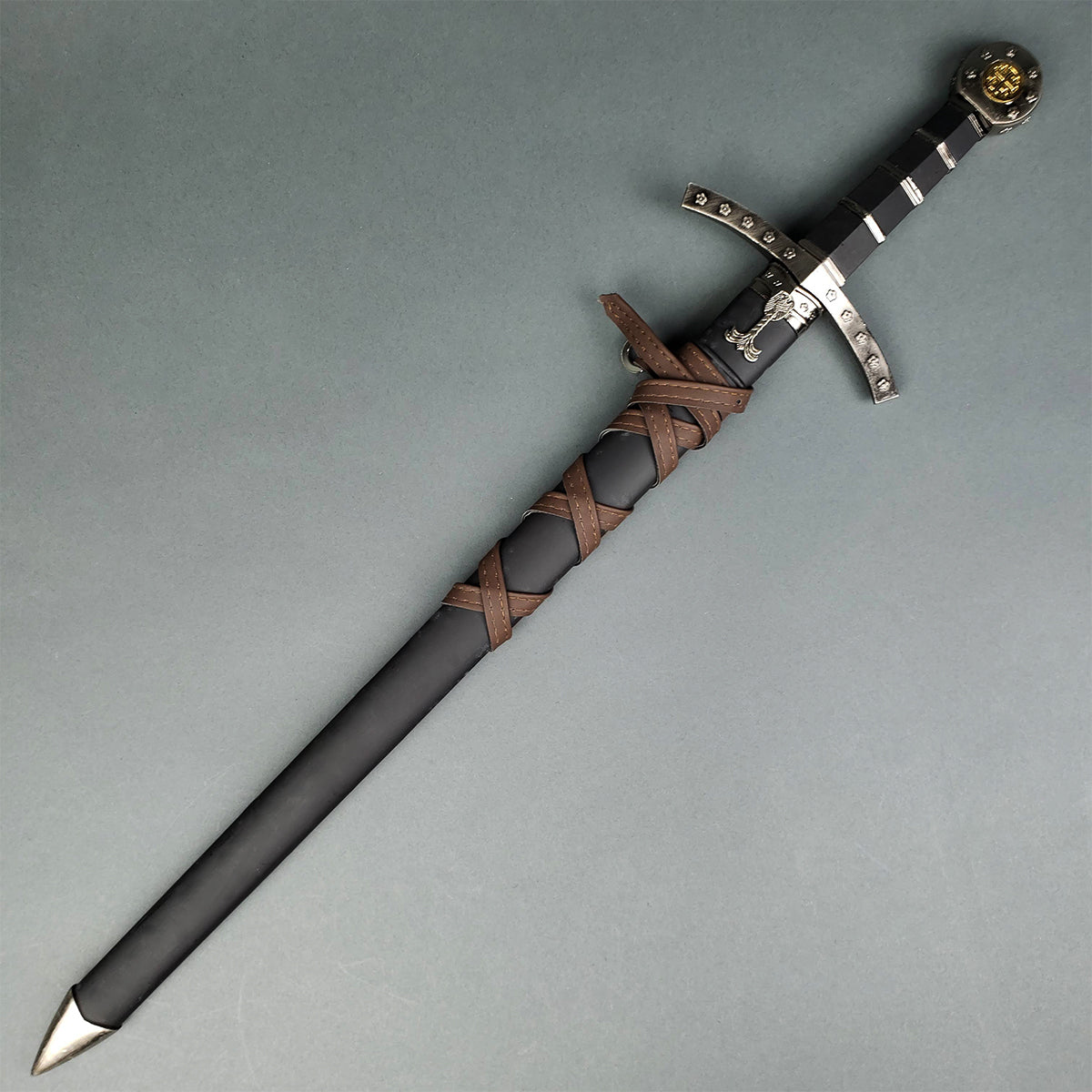 Knights Templar sword for sale full length medieval replica with leather wrapped scabbard and engraved pommel