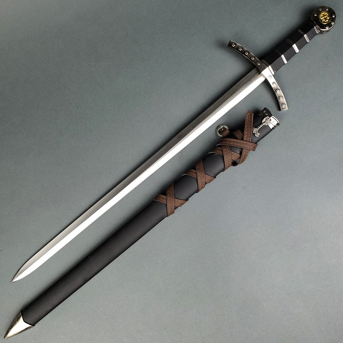 Polished Templar sword with leather scabbard and ornate crossguard by Knights Collection Knights Templar sword for sale