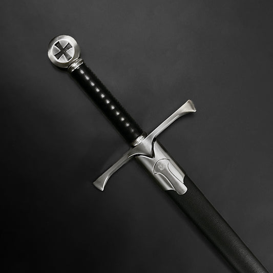 Knights Collection One Hand Templar Sword with black leather wrapped grip stainless steel crossguard and scabbard