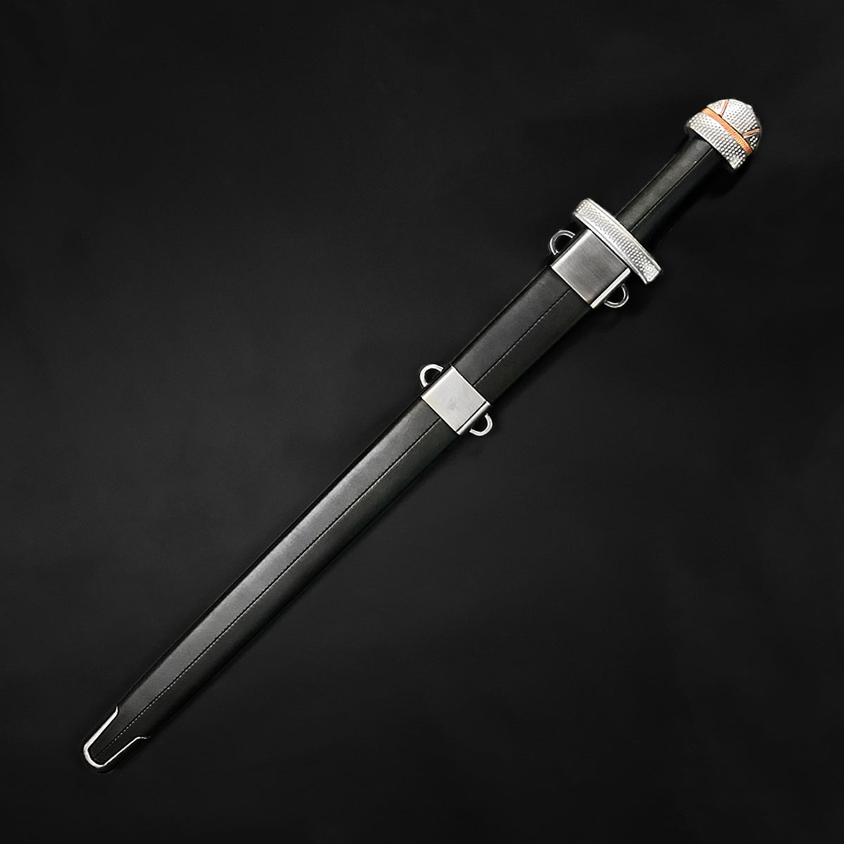 Knights Collection hand-forged viking longsword in black leather scabbard with silver fittings and decorative pommel