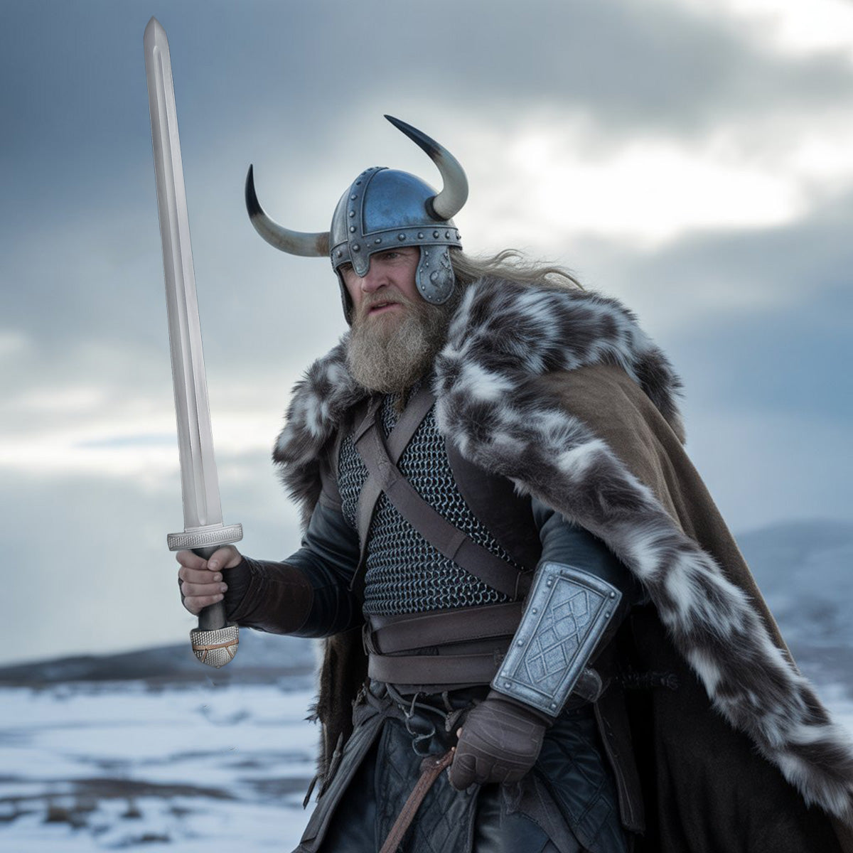 Bearded Viking wearing horned helmet and fur holding hand-forged viking longsword from Knights Collection