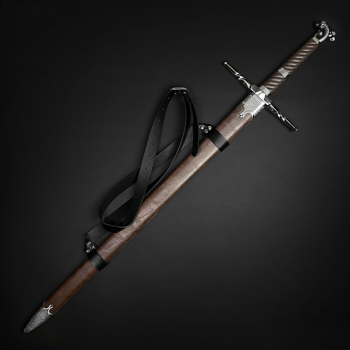 Knights Collection polycephally medieval sword in brown leather scabbard with steel crossguard and shoulder strap