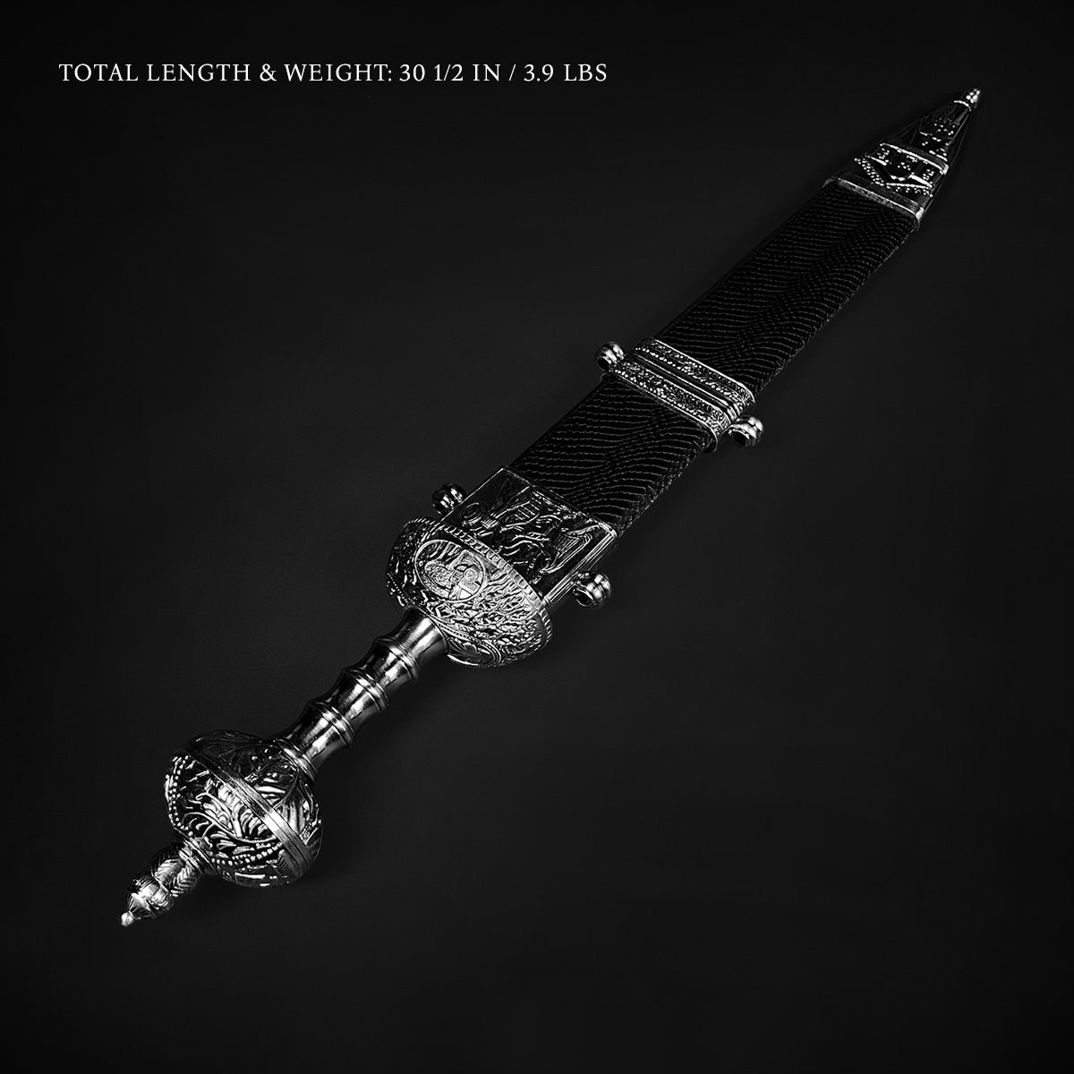 Knight's Collection ornate silver hilt Roman Gladius Medieval Sword . sheathed in black scabbard with engraved pommel and fittings