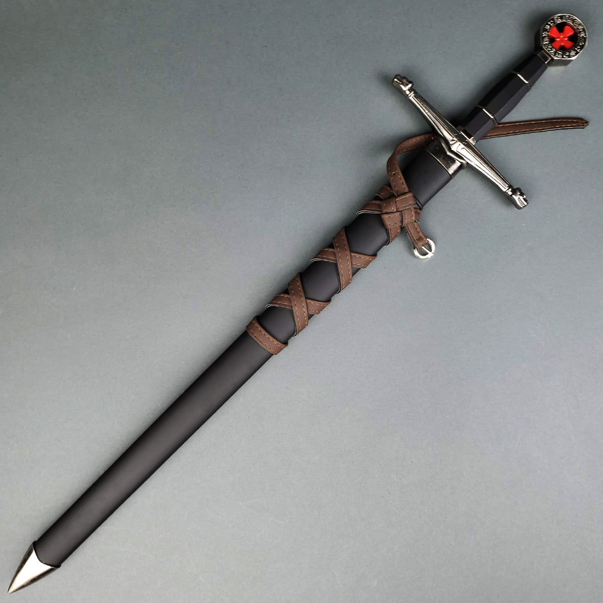 Knight's Collection Templar sword replica with detailed cross guard and brown leather-wrapped scabbard