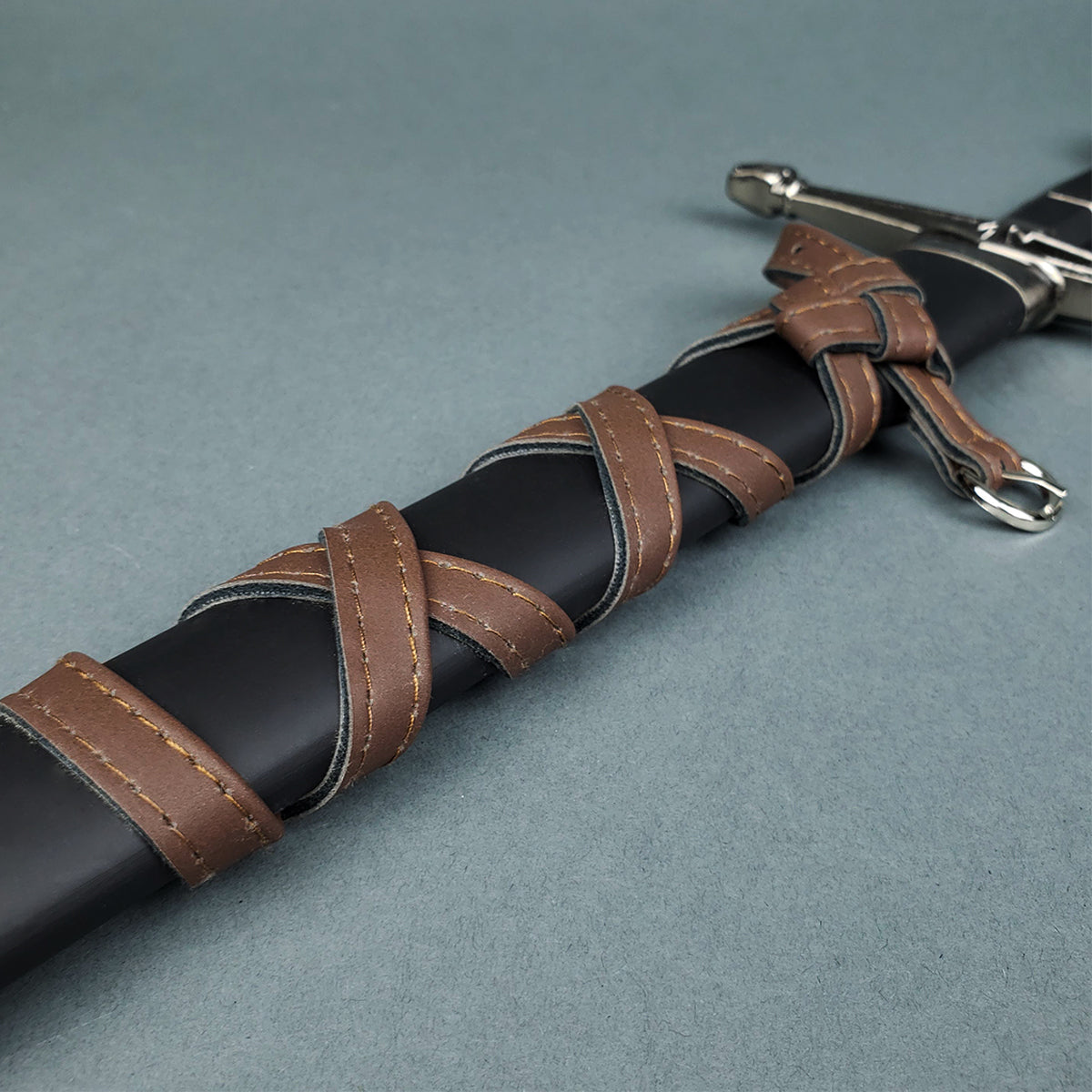 Templar sword replica in black scabbard with brown leather straps from Knight's Collection