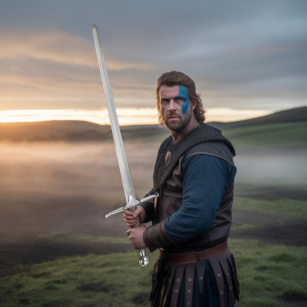 William Wallace Knight Sword displayed by a warrior in medieval attire at sunset in a misty landscape