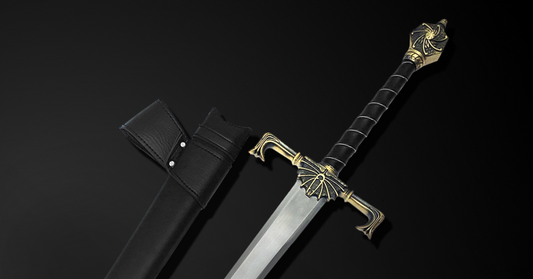 Close-up of a detailed sword with a decorative hilt and black sheath showing difference between display swords and real swords