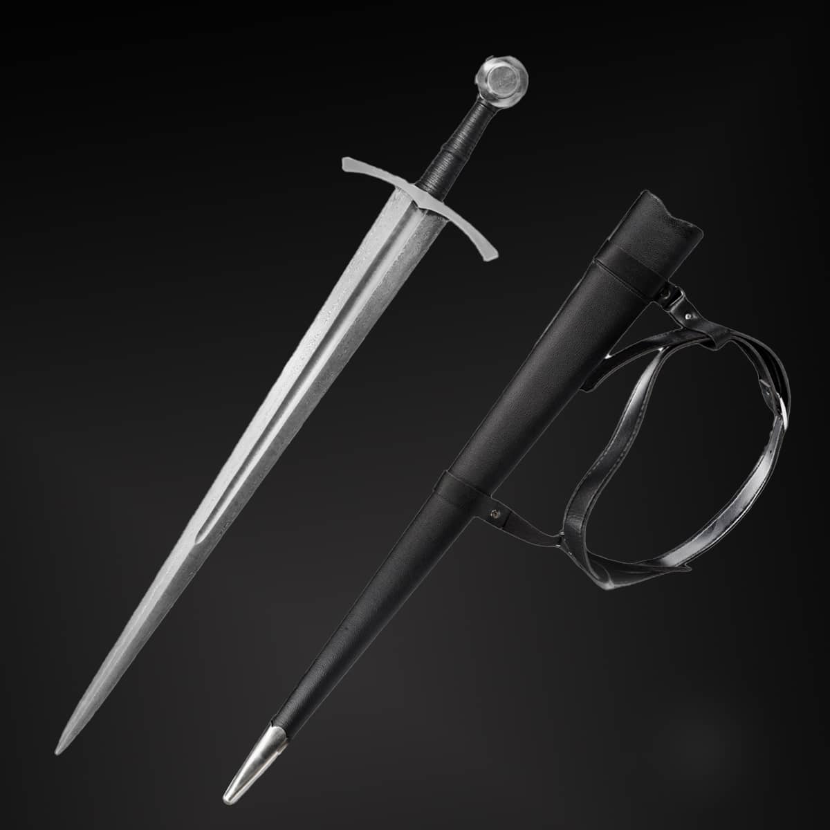 A medieval-style sword displayed against a dark historical backdrop