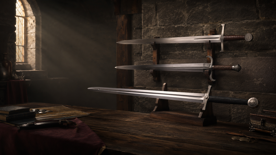 Medieval swords displayed in a historic armory for Knight's Collection buyer's guide