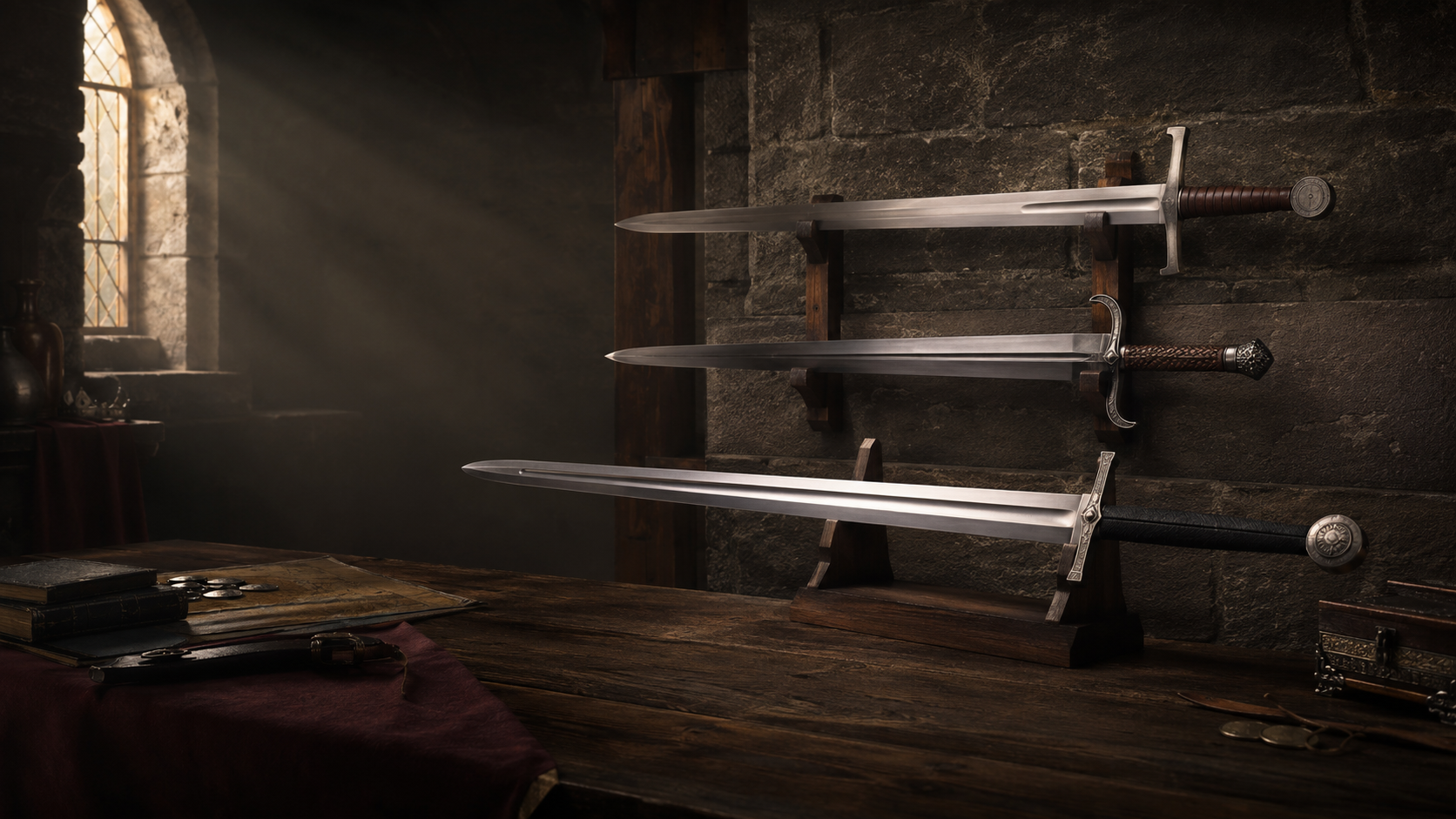 Medieval swords displayed in a historic armory for Knight's Collection buyer's guide