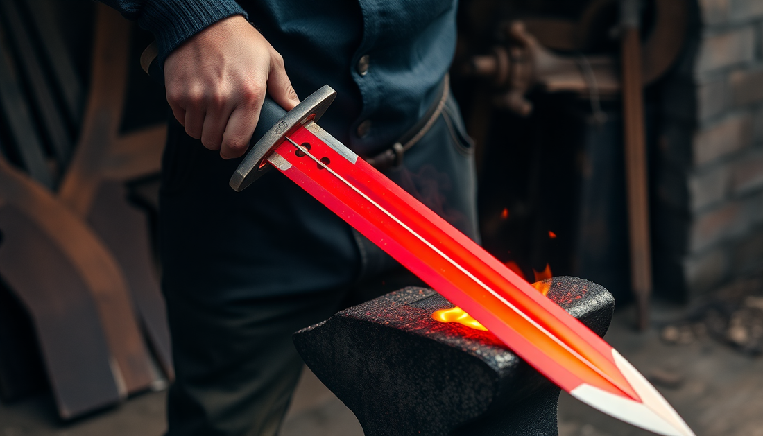 Craftsman forging hand-forged medieval swords with heated red-hot blade on anvil